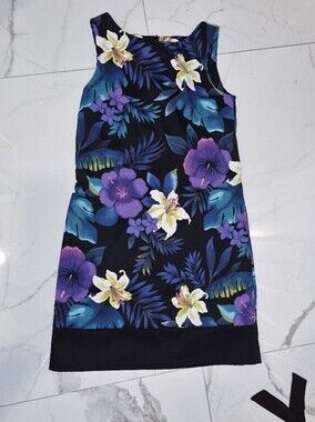 Tropical Floral Print Skirt - Black with Purple, Teal & Yellow Flowers